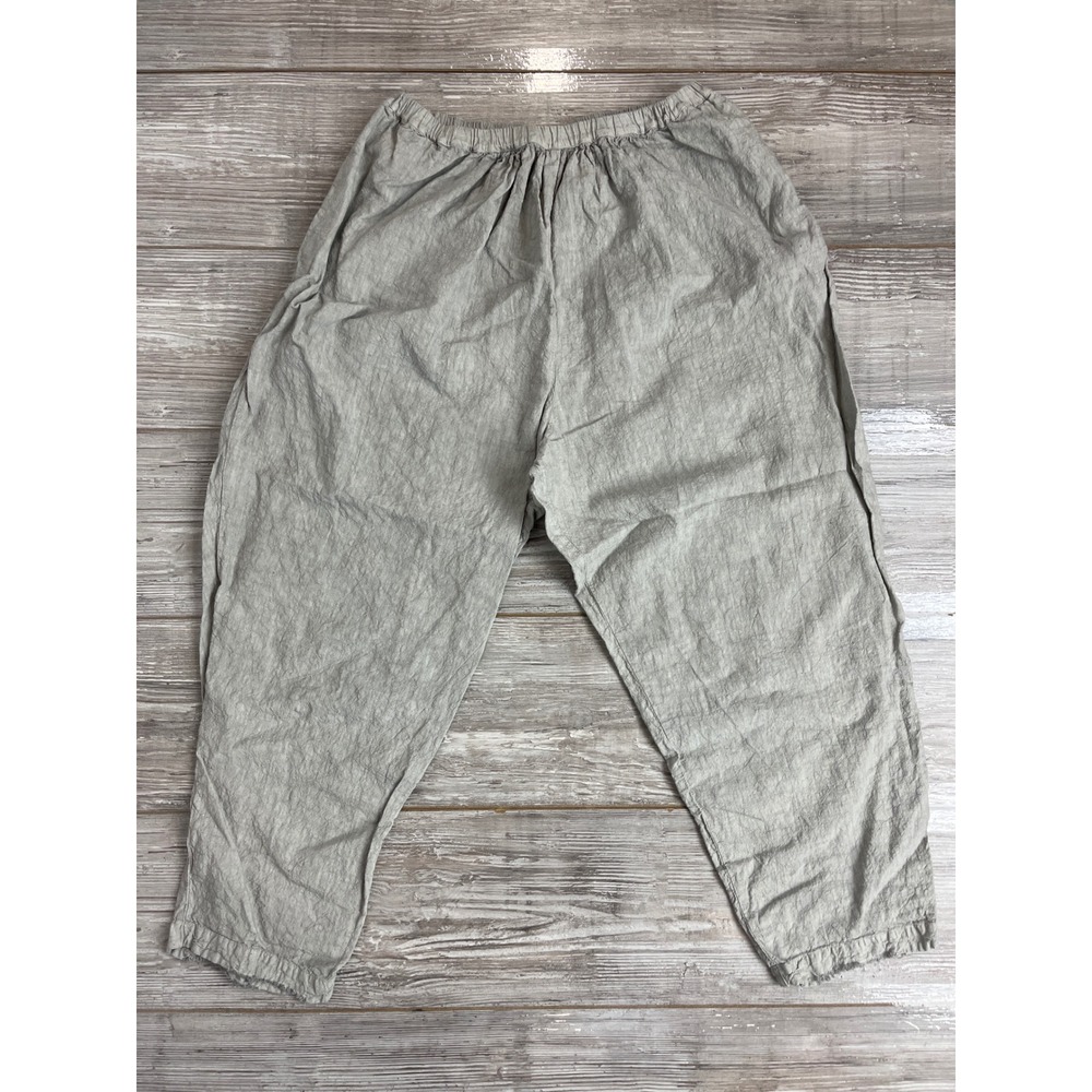 Manuelle Guibal Paris Pants Grey 100% Linen Tapered Elastic Waist Pockets Size 4